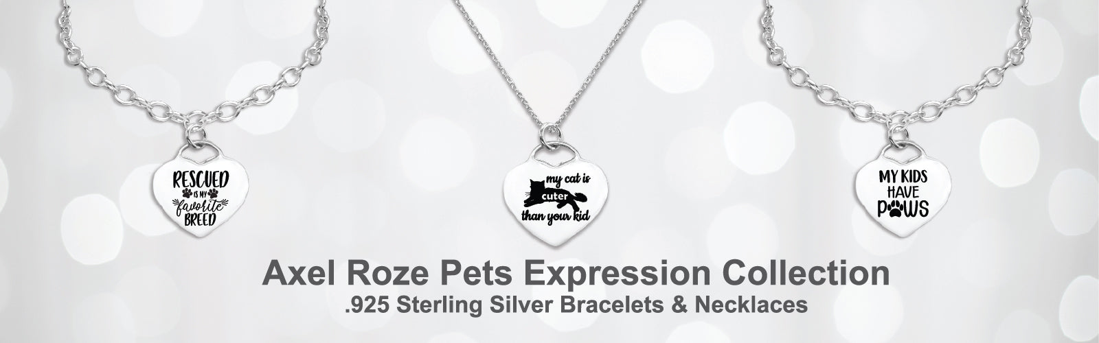 image features three heart-shaped pendants on sterling silver chains from the Axel Roze Pets Expression Collection