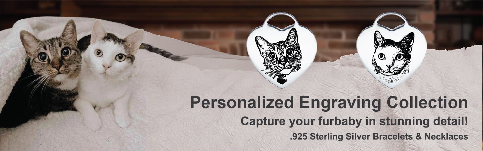image shows two cats and examples of pet tag jewelry from Axel Roze's Personalized Engraving Collection. The text in the image advertises ".925 Sterling Silver Bracelets & Necklaces" that "Capture your furbaby in stunning detail.