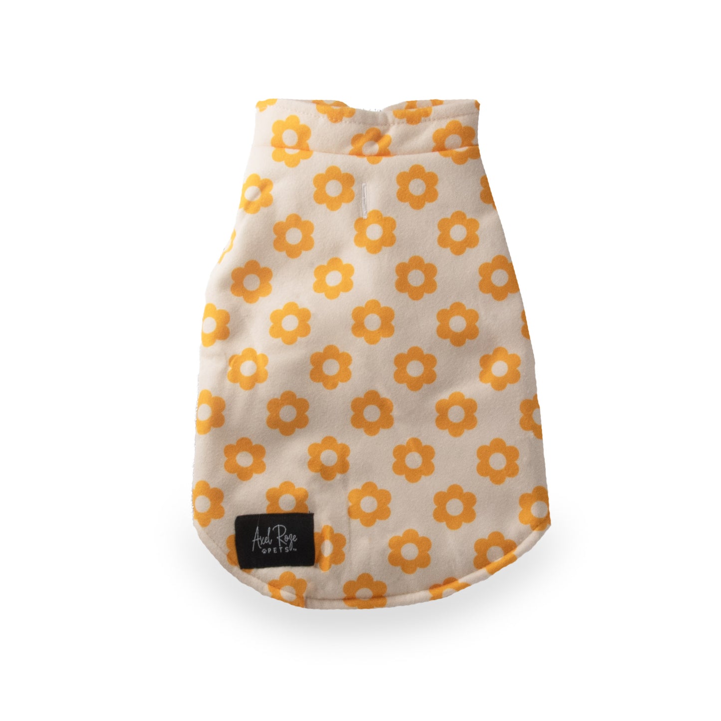 image shows an Axel Roze Pets Flower Power Fleece Coat for pets. It is a light-colored fleece coat with an all-over print of orange flowers