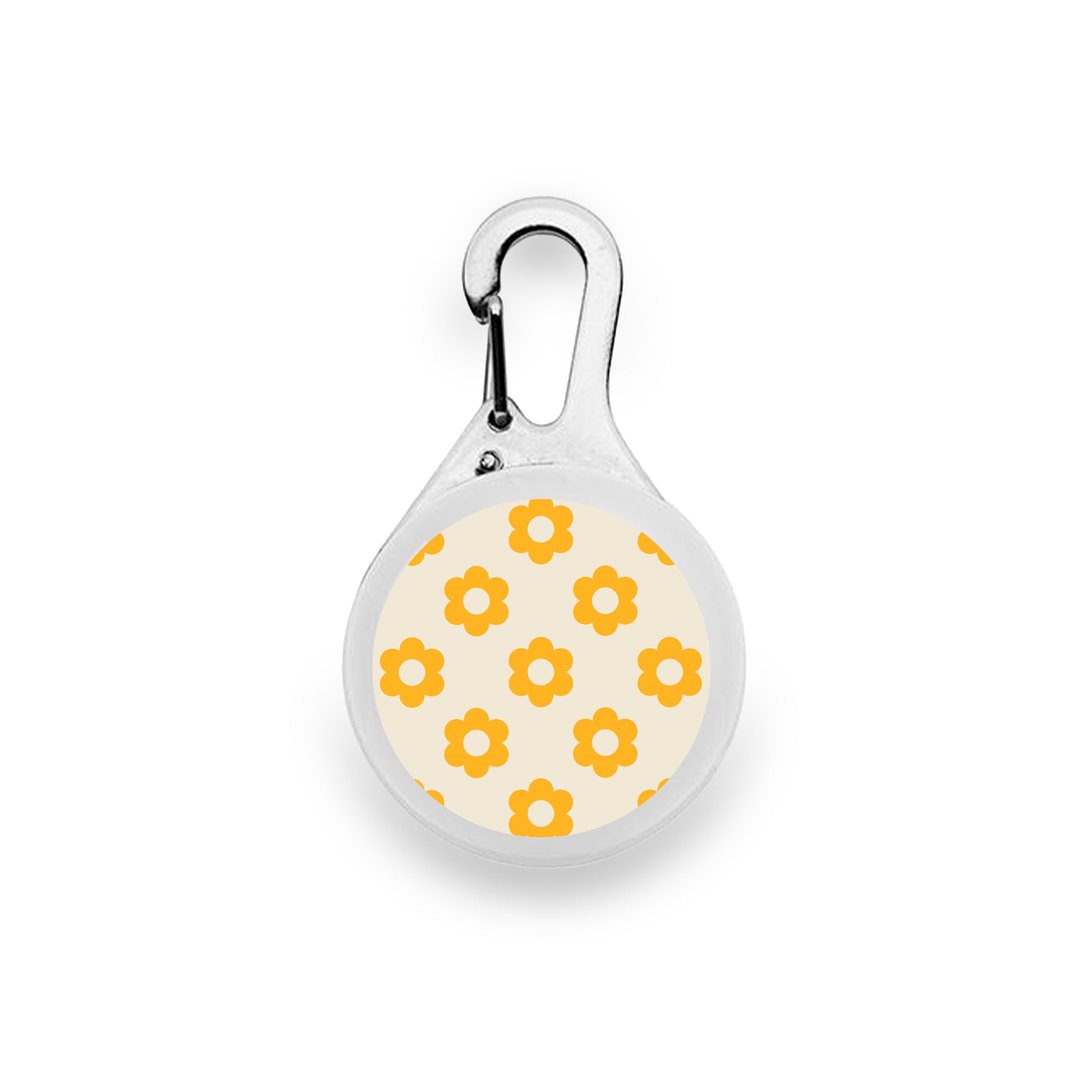 image shows an Axel Roze pet tag. It is round and transparent with a silver-colored carabiner clip at the top