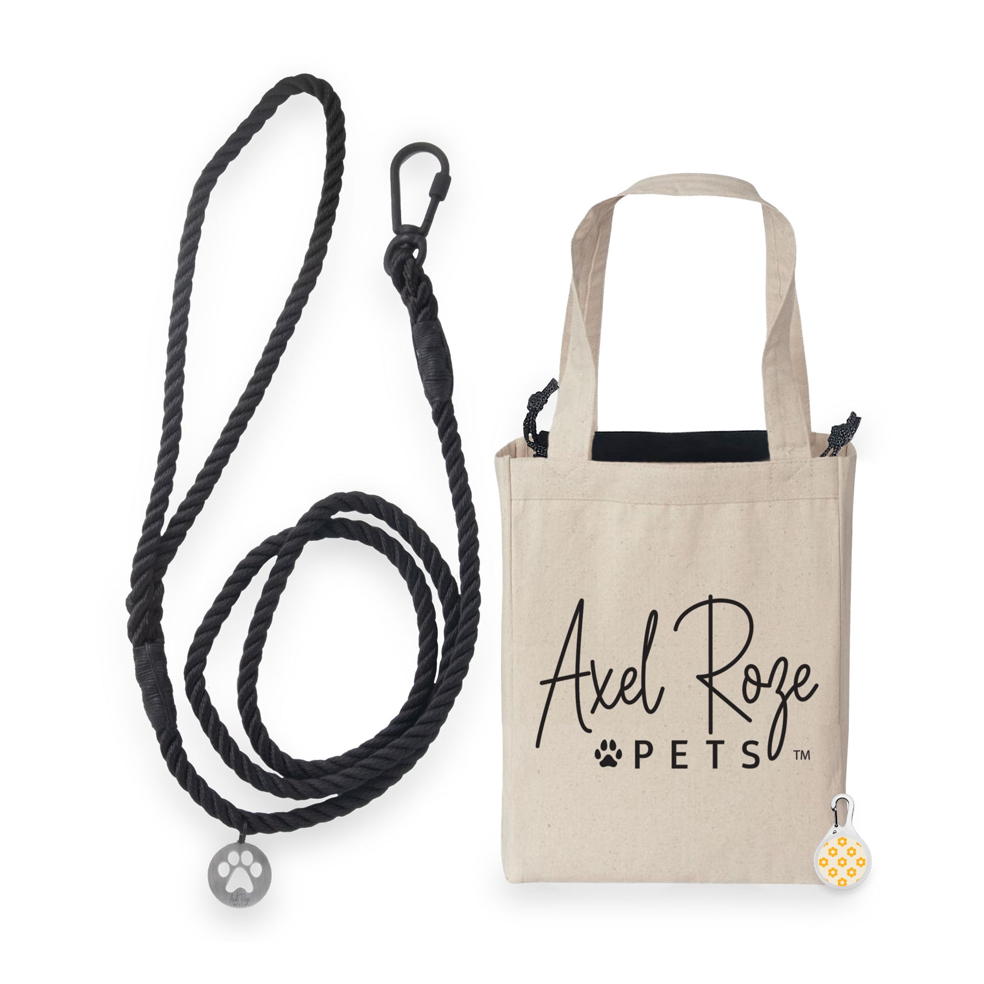 image shows a dog leash and a tote bag from Axel Roze Pets