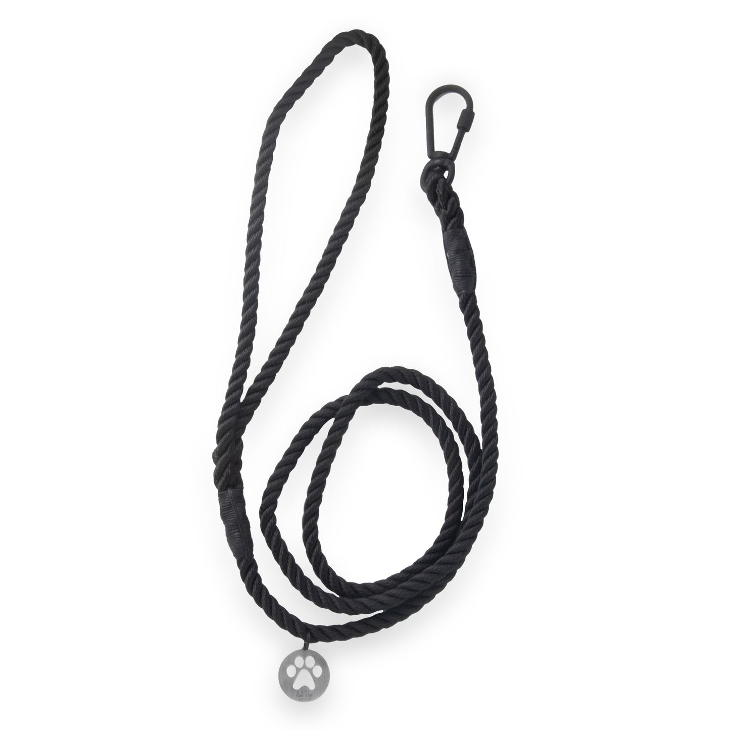 black Nautical Knot Leash with a silver-colored paw print charm and a black metal clip