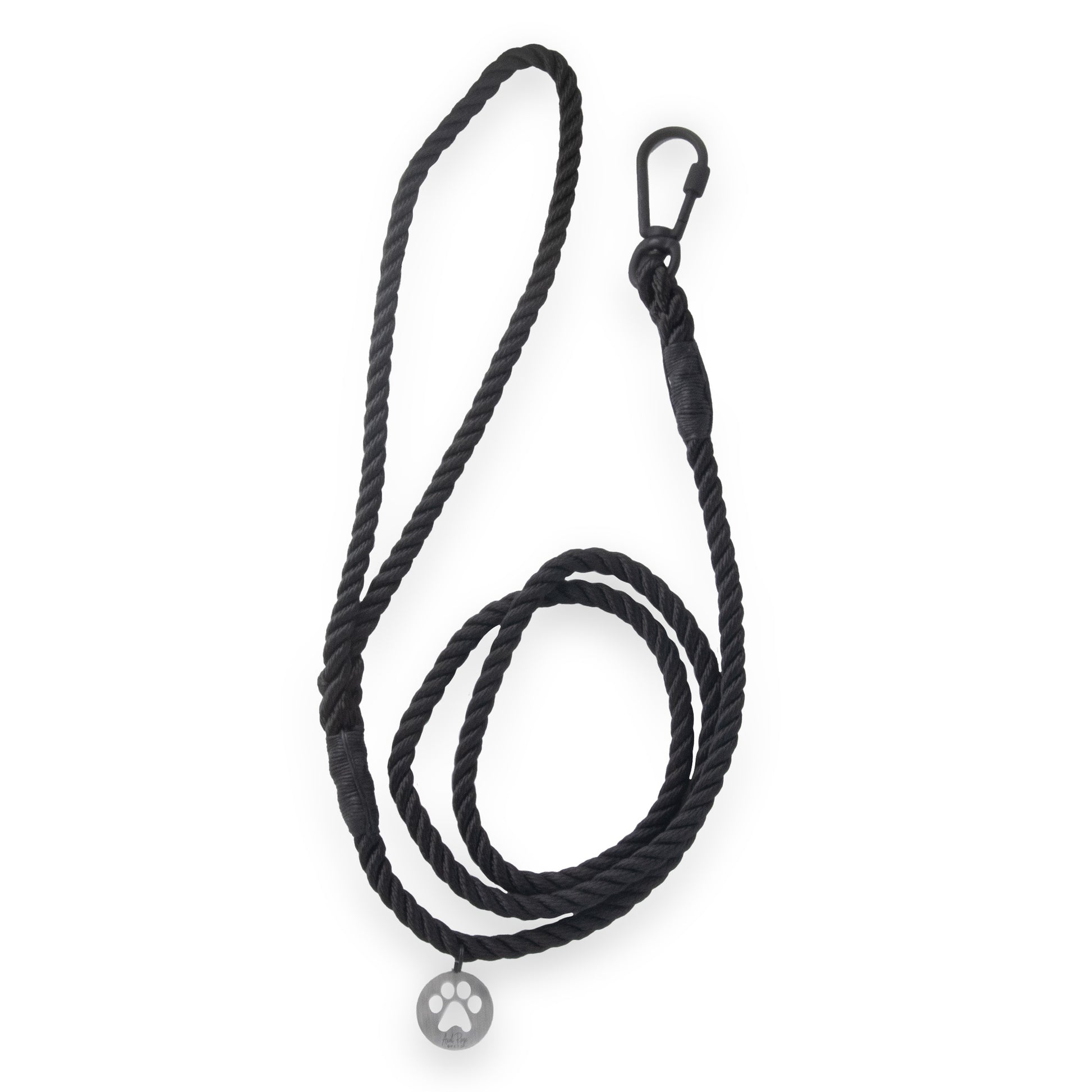 black Nautical Knot Leash with a silver-colored paw print charm and a black metal clip