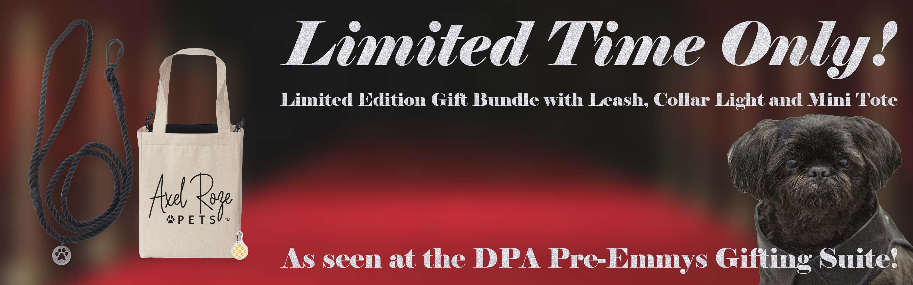"Limited Edition Gift Bundle" from Axel Roze Pets, featuring a leash, collar light, and mini tote bag