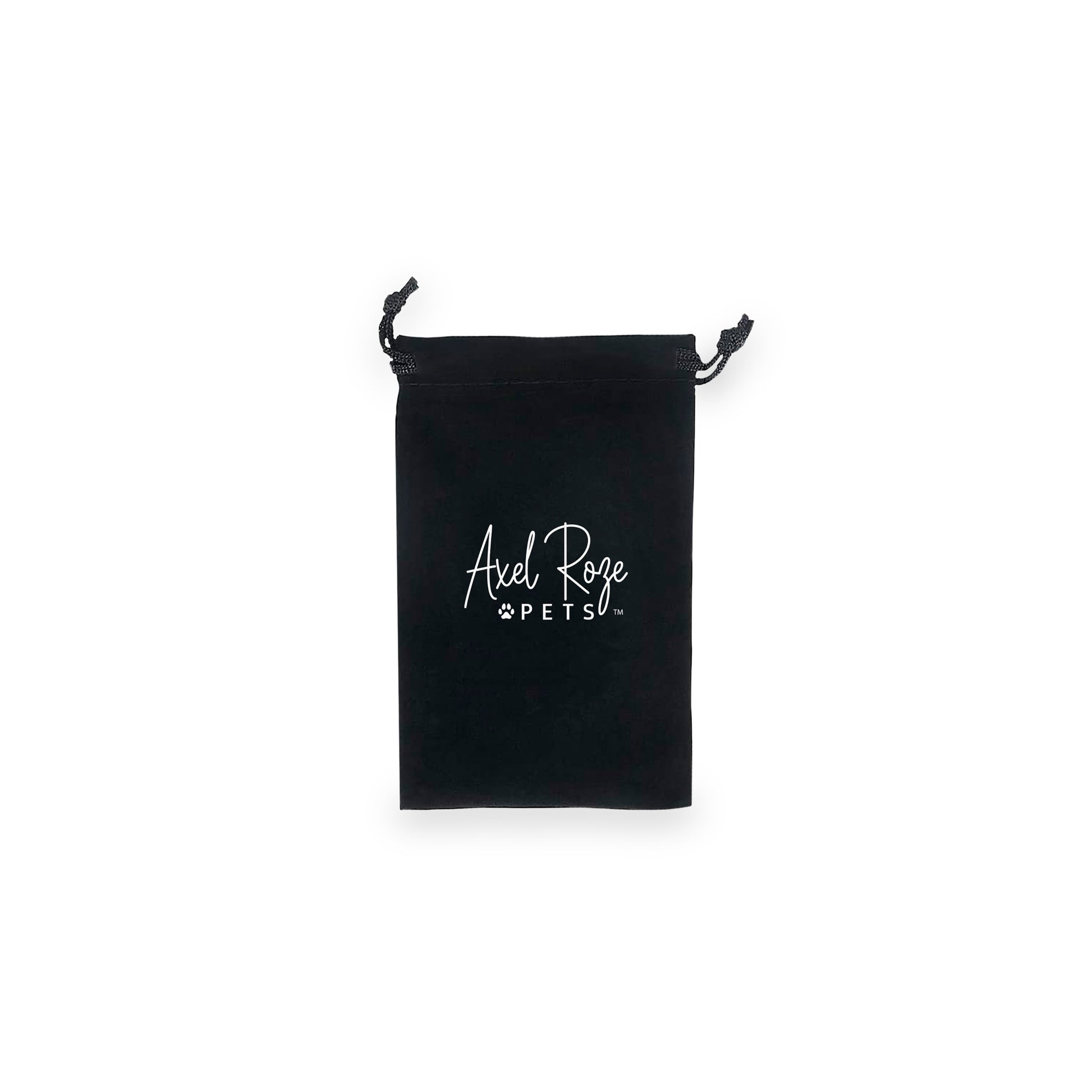 image shows a black drawstring pouch with the text "Axel Roze PETS" printed in white script