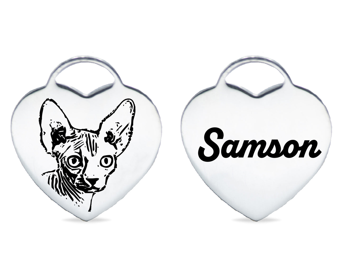 Heart-shaped pet tag with a Sphynx cat illustration on one side and the name "Samson" in black script on the other side