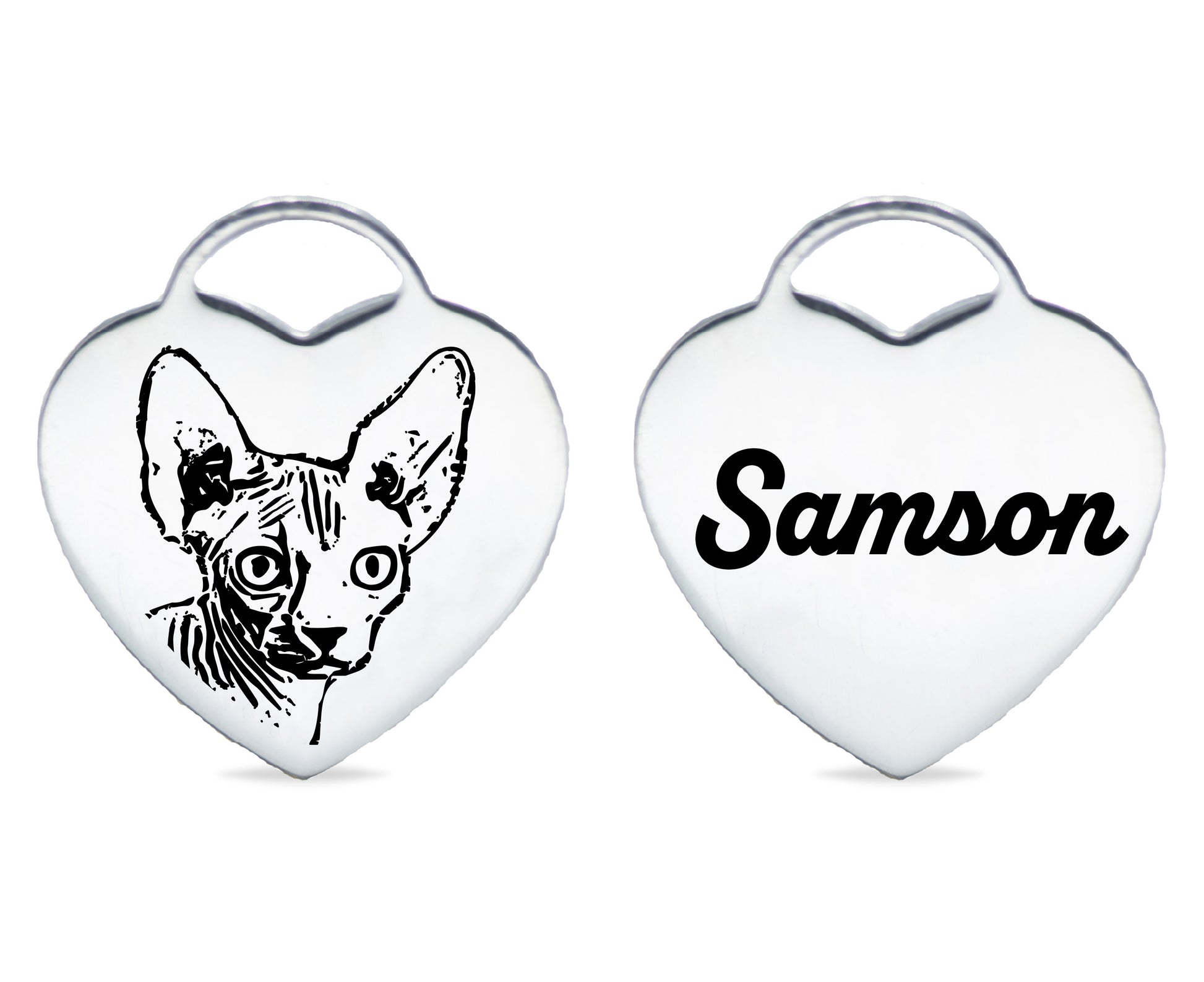Heart-shaped pet tag with a Sphynx cat illustration on one side and the name "Samson" in black script on the other side