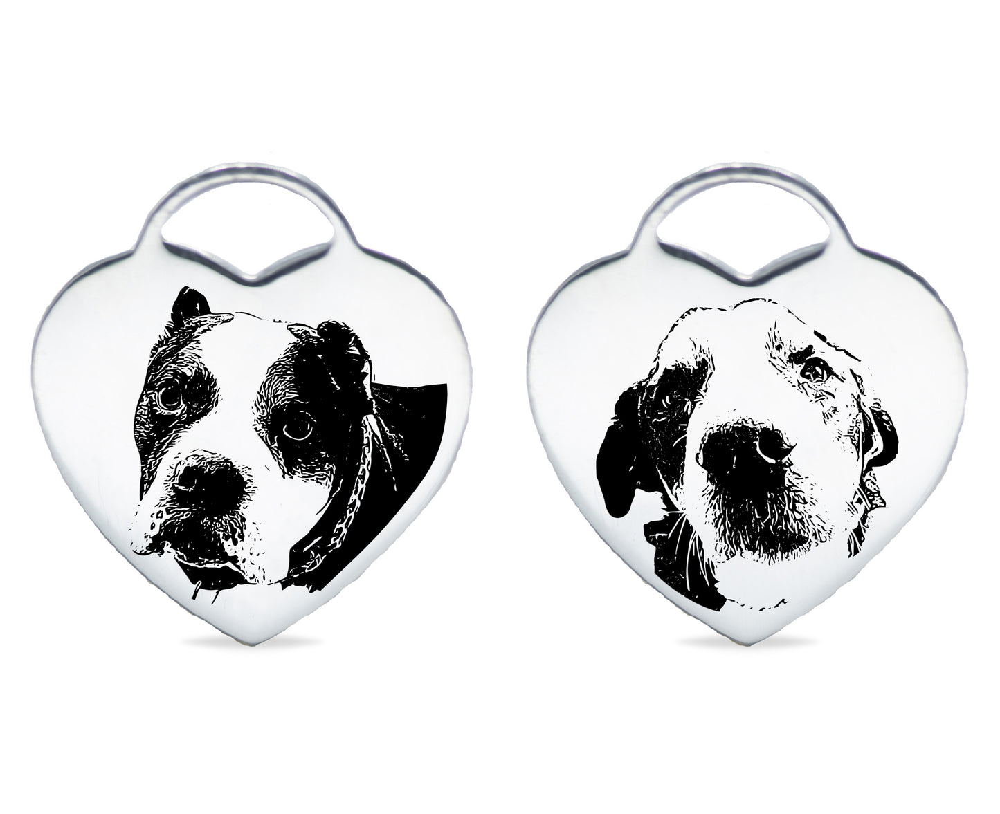 A pair of heart-shaped pendants featuring black-and-white illustrations of two dogs' faces