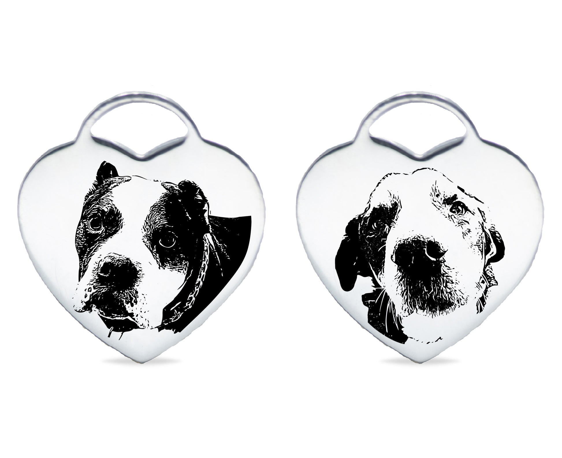 A pair of heart-shaped pendants featuring black-and-white illustrations of two dogs' faces