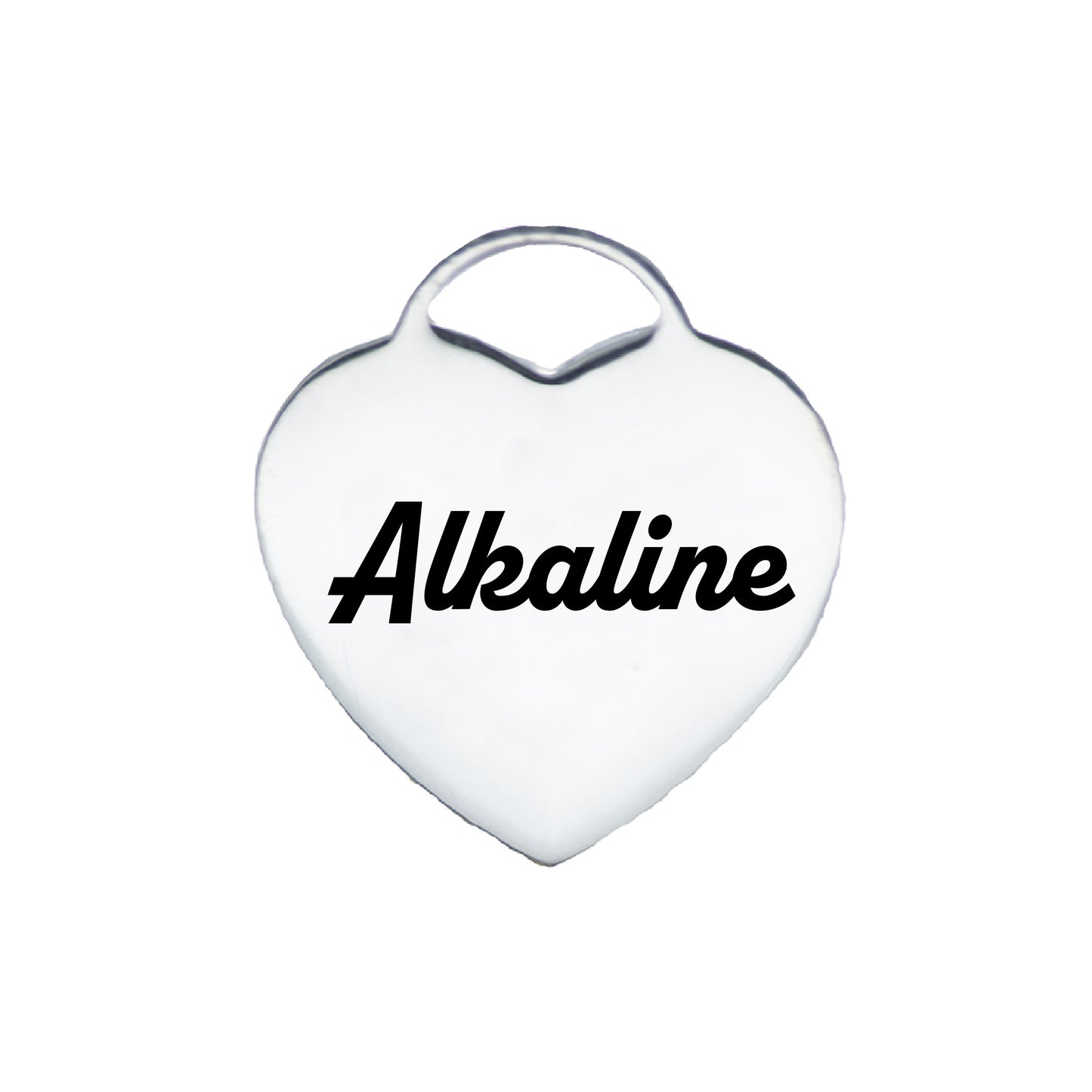 heart-shaped pendant, likely made of metal, with the word "Alkaline" inscribed in black, cursive letters in the center