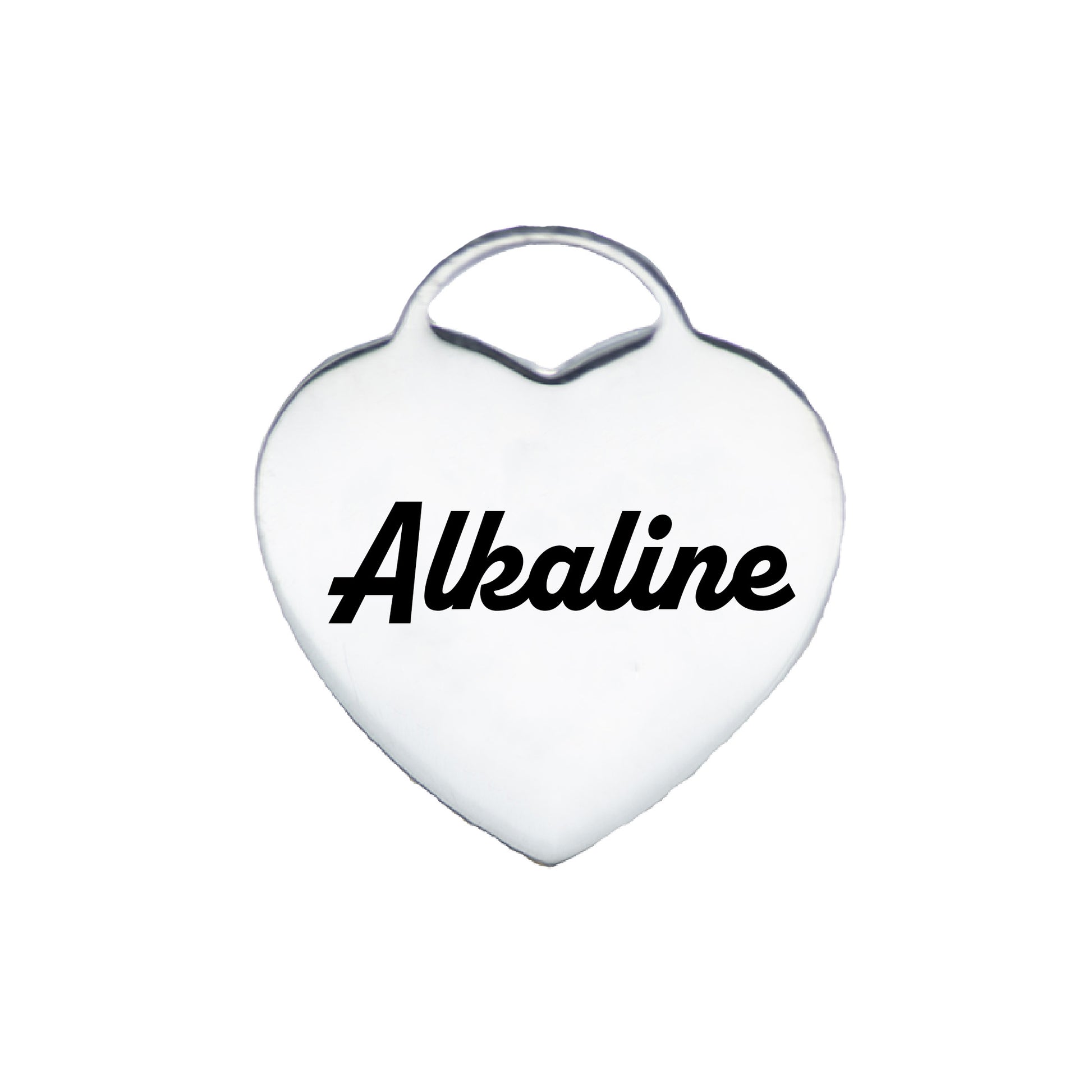 heart-shaped pendant, likely made of metal, with the word "Alkaline" inscribed in black, cursive letters in the center