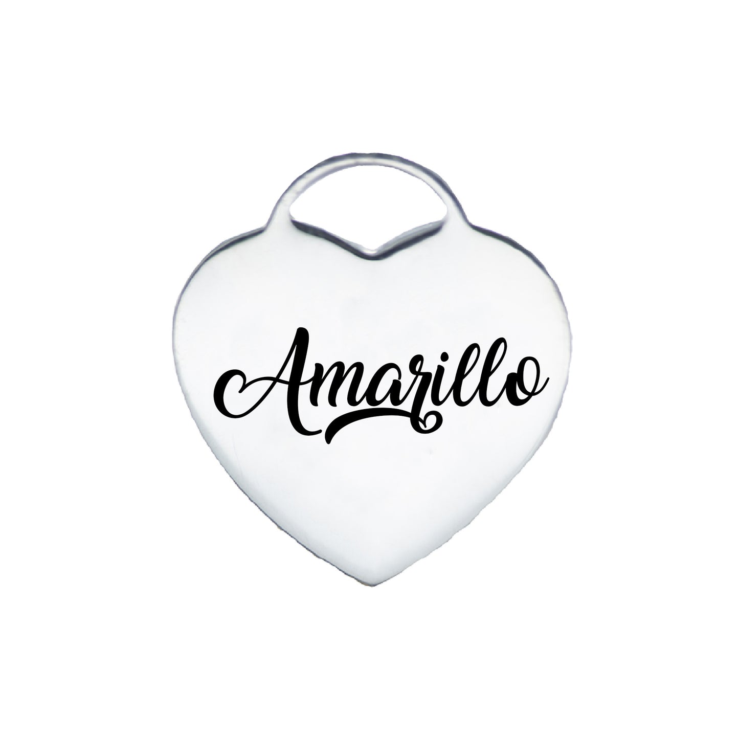 Heart-shaped silver pet tag engraved with the name "Amarillo" in elegant black script font