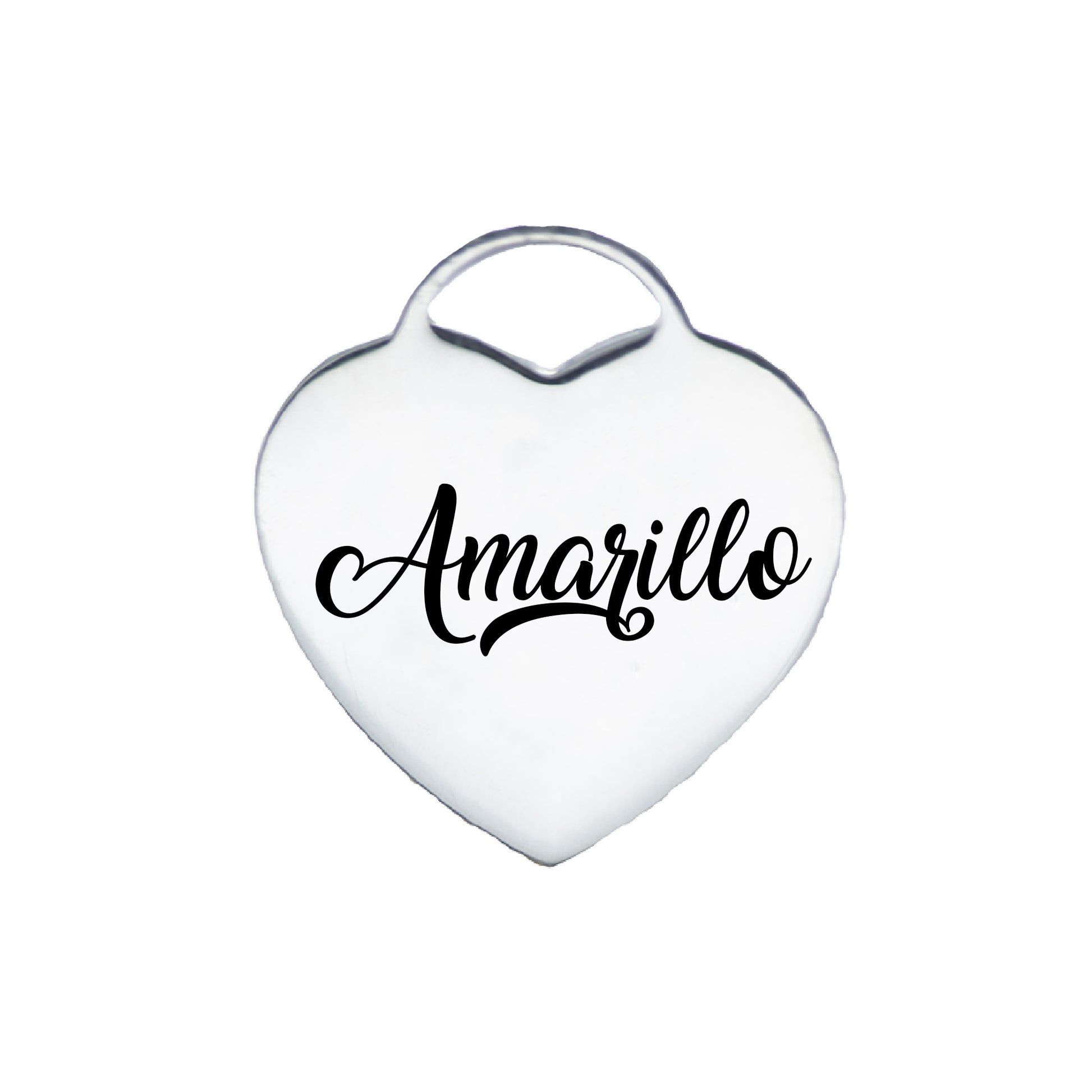Heart-shaped silver pet tag engraved with the name "Amarillo" in elegant black script font
