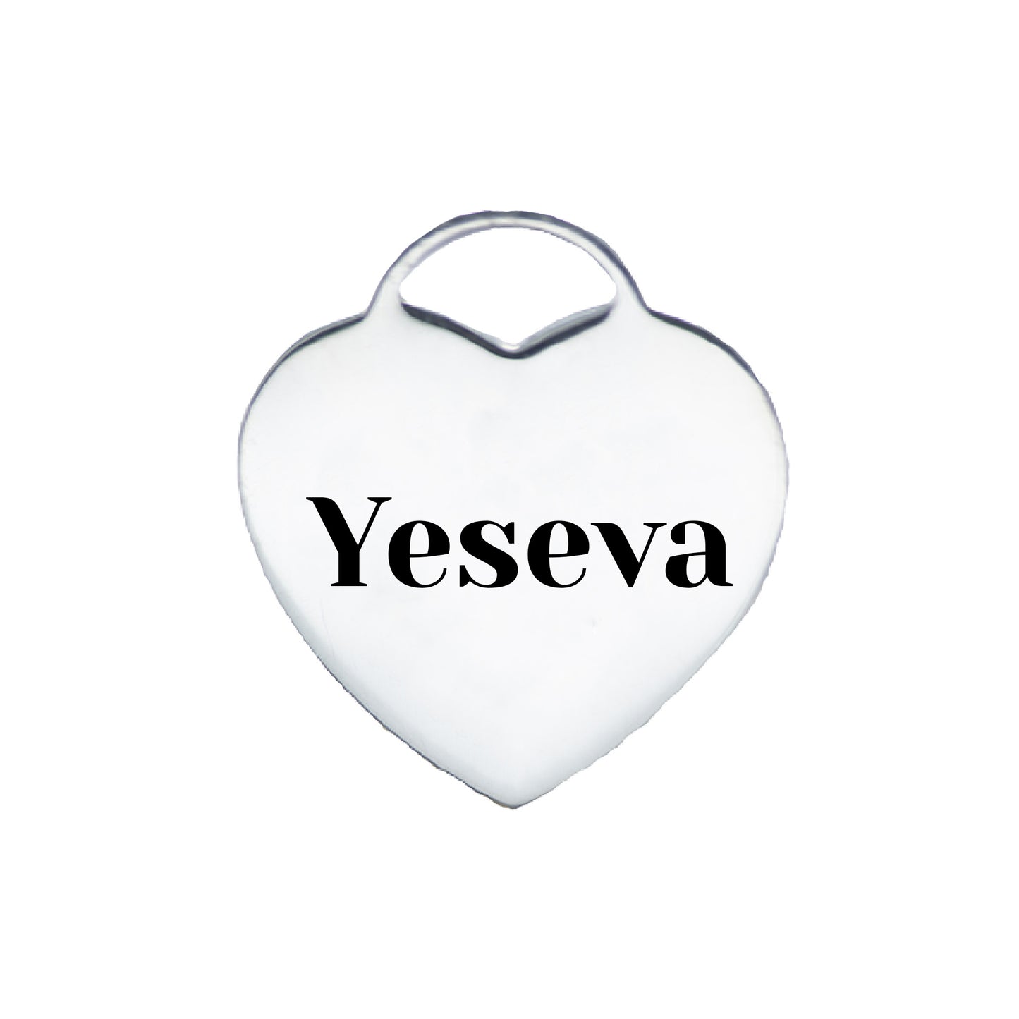 Silver heart-shaped pet tag engraved with the name Yeseva