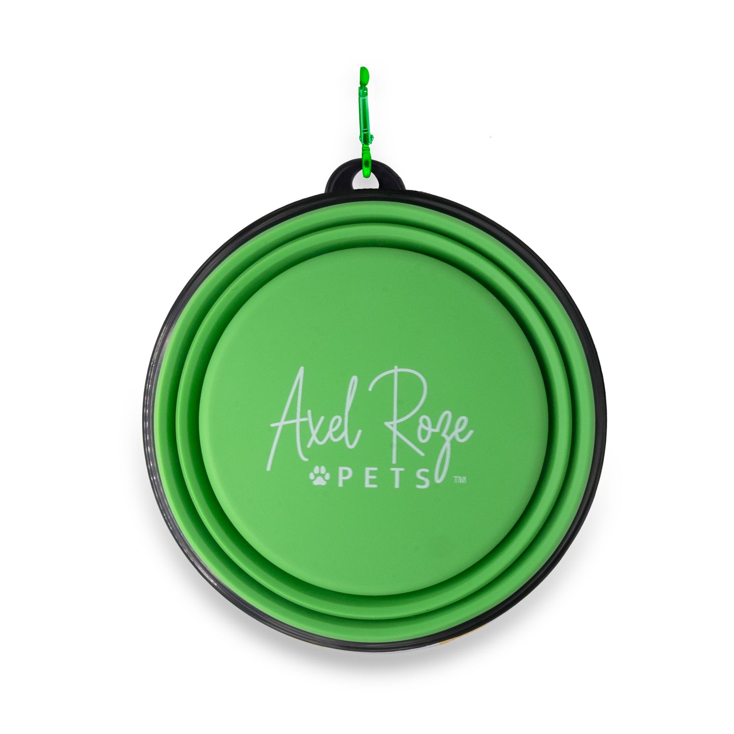 image shows a CIAMANI Foldable Travel Bowl, also known as the Flower Power Collapsible Pet Bowl, by Axel Roze Pets. It is a green, collapsible bowl with the brand name "Axel Roze PETS" printed on the front