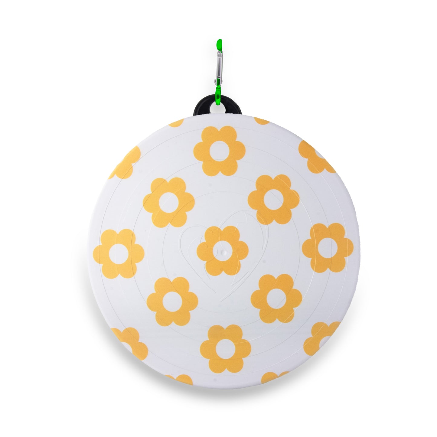 image shows a Flower Power Collapsible Pet Bowl from Axel Roze Pets. It features a white background with yellow flower patterns and a green carabiner clip for portability