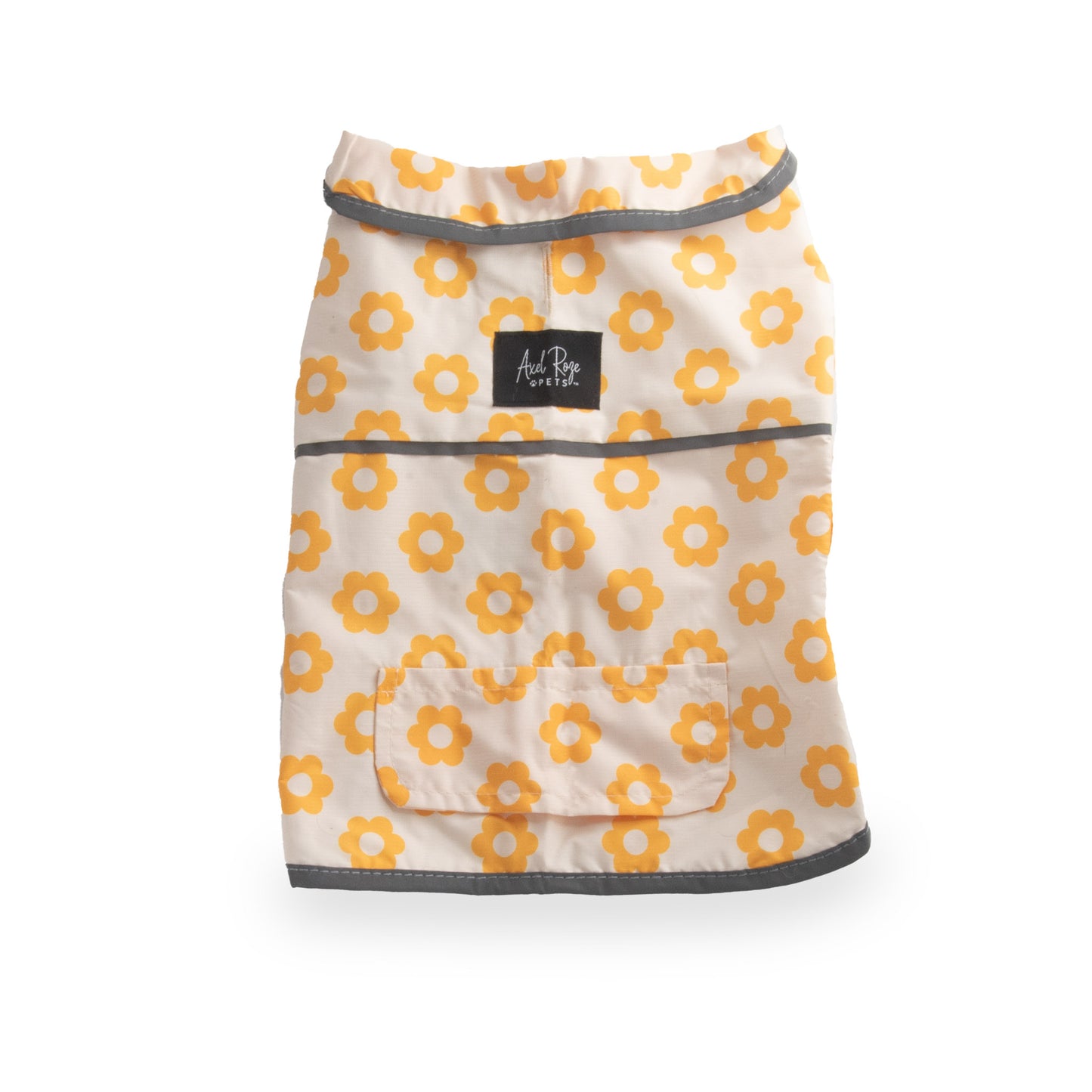 image shows a dog raincoat with a pattern of orange flowers on a white background. The raincoat has gray trim and a small pocket
