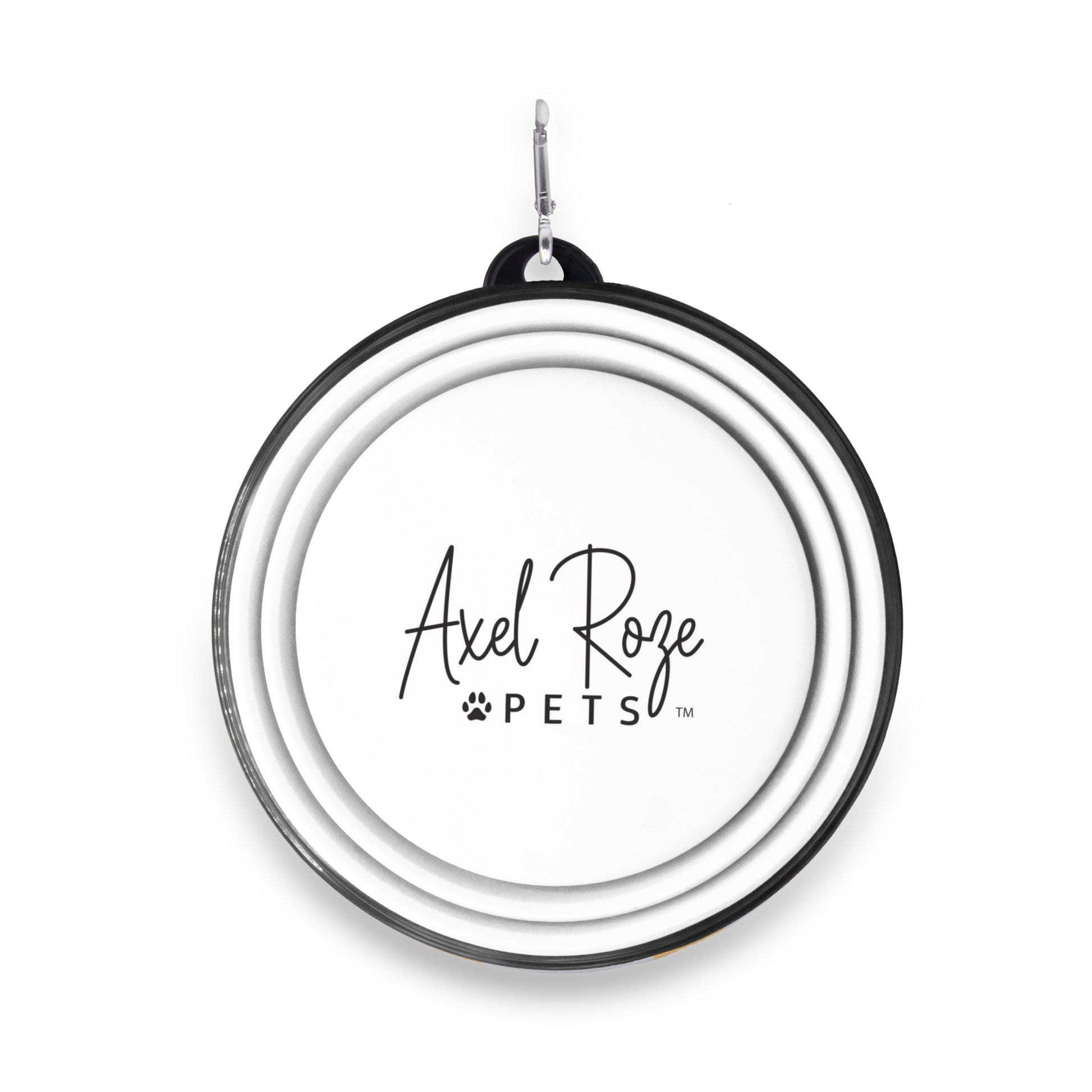 image shows a Flower Power Collapsible Pet Bowl, specifically the "Eat Play Love" travel bowl from Axel Roze Pets. The bowl is black and white with the brand name "Axel Roze PETS" printed in the center.