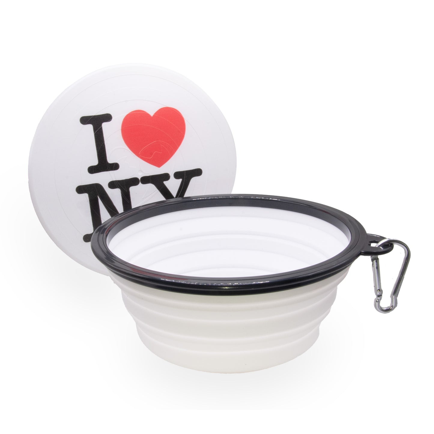 image shows a Flower Power Collapsible Pet Bowl by Axel Roze Pets with the "I Love NY" logo on the lid