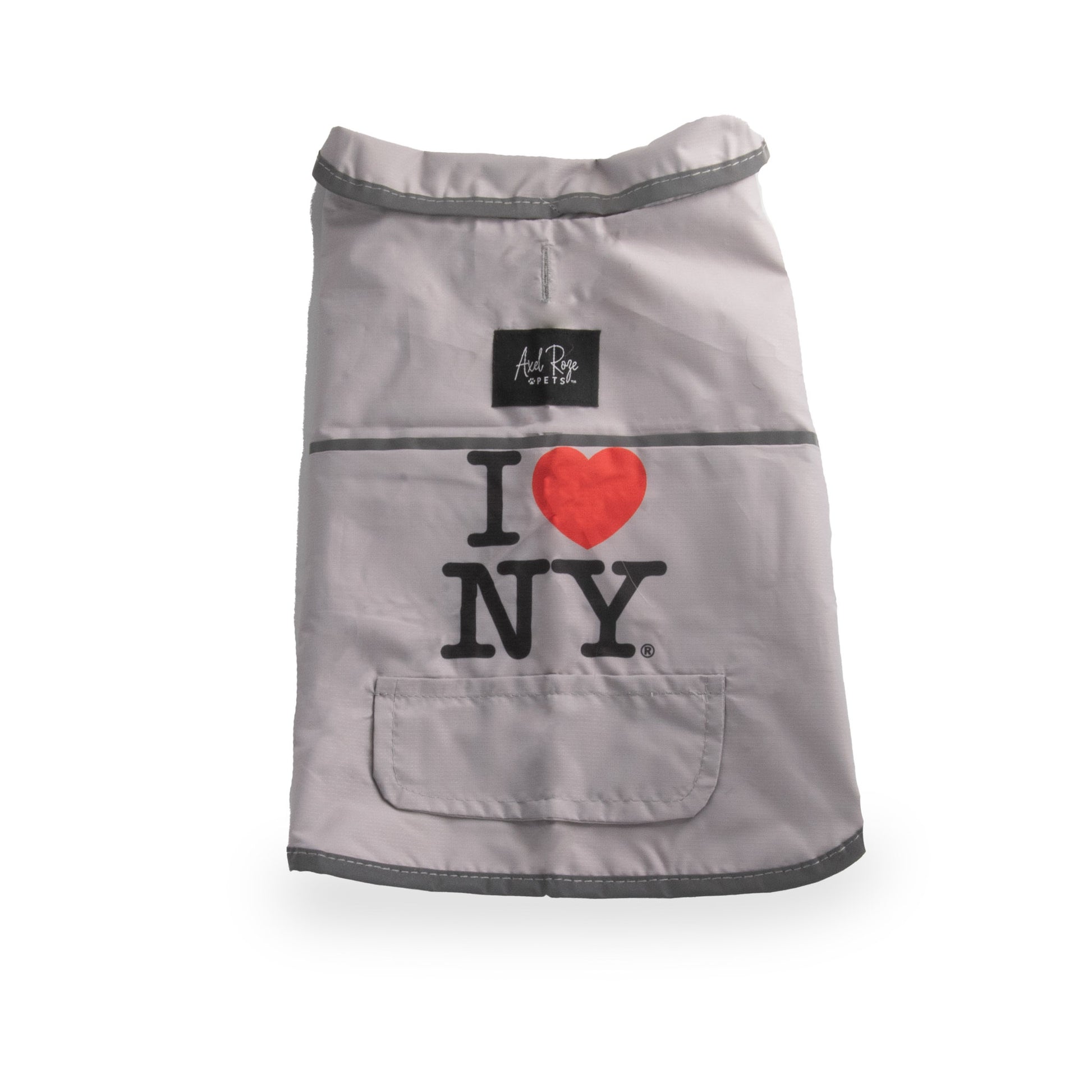 image shows a gray dog coat with "I (heart) NY" printed on the back