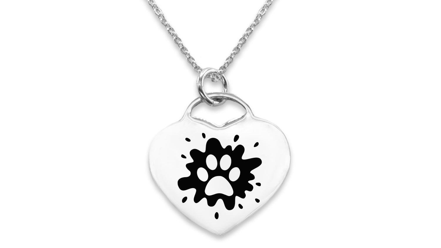 necklace features a heart-shaped pendant with a black paw print design